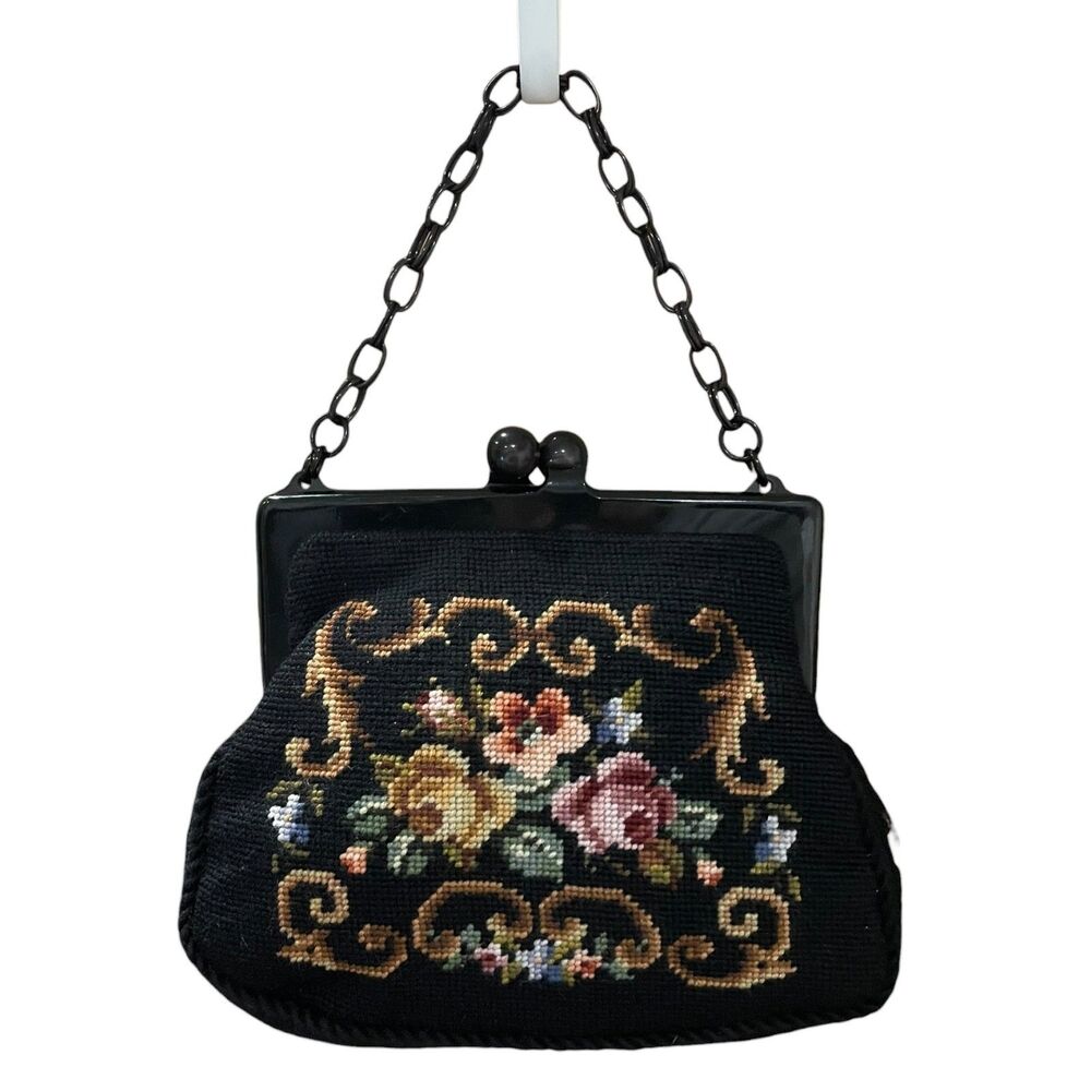 Vintage Needlepoint Purse Floral Tapestry Black Kiss Lock Chain Handle